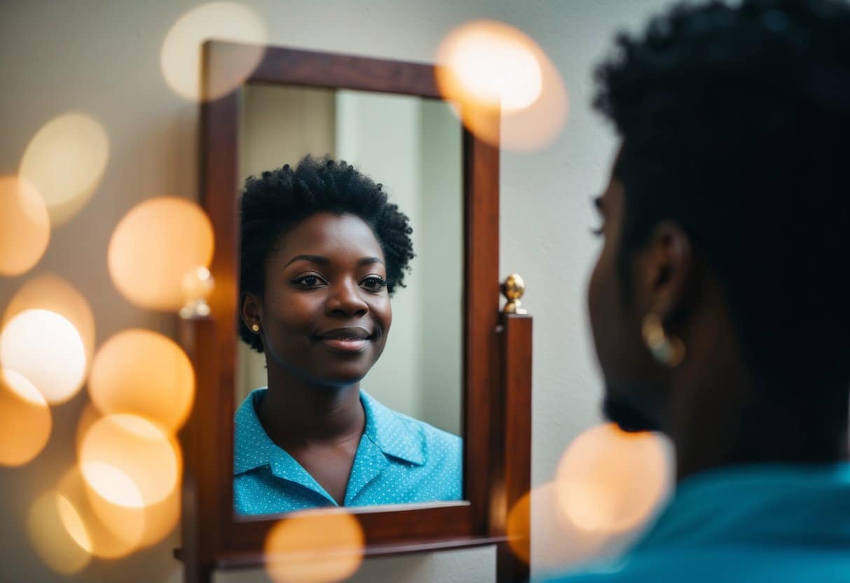 Um espelho refletindo a aparência de uma pessoa que corresponde à sua identidade de gênero