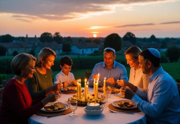Um pôr do sol sereno sobre uma vila pacífica, com famílias acendendo velas e compartilhando uma refeição para celebrar o significado de "shabbat shalom."