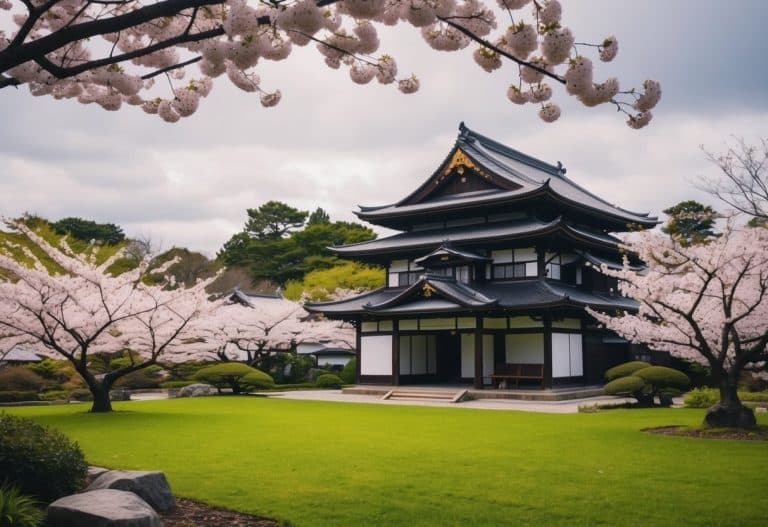 Um jardim sereno com árvores de flores de cerejeira e uma casa tradicional japonesa, evocando uma sensação de tranquilidade e riqueza cultural.
