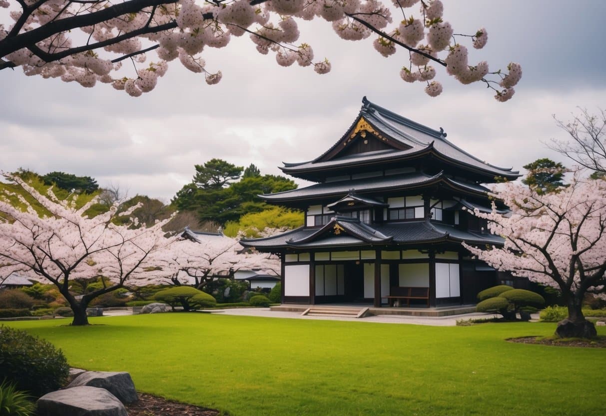 Um jardim sereno com árvores de flores de cerejeira e uma casa tradicional japonesa, evocando uma sensação de tranquilidade e riqueza cultural.
