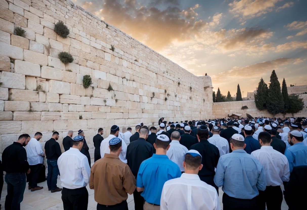 Um grupo de judeus em oração no Muro das Lamentações em Jerusalém