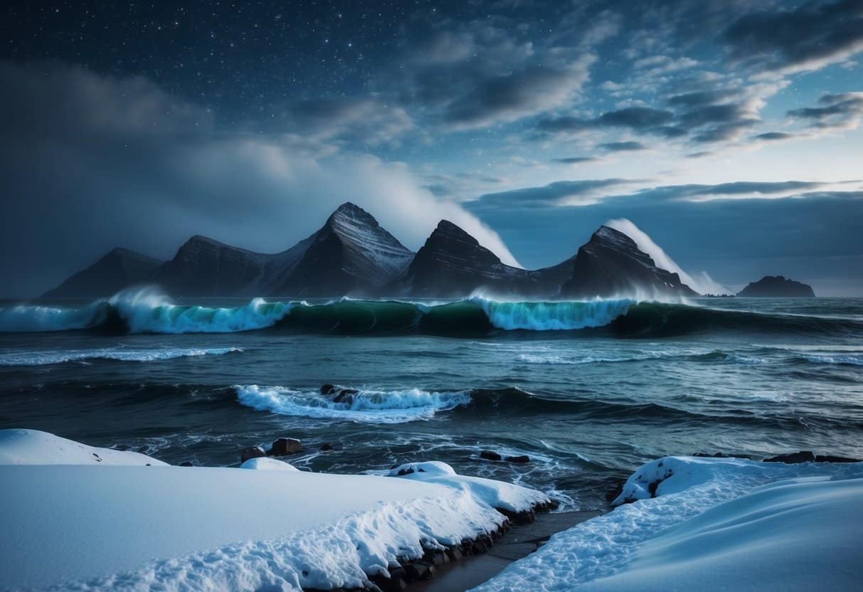 Um mar tempestuoso com ondas como montanhas imensas, um jardim de estrelas no céu noturno, um coração de pedra, um rio de tempo fluindo sem fim, e um manto de neve cobrindo a terra.