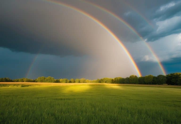 Um arco-íris surgindo de nuvens de tempestade, simbolizando a aliança de Deus com a humanidade, arqueando sobre uma paisagem pacífica