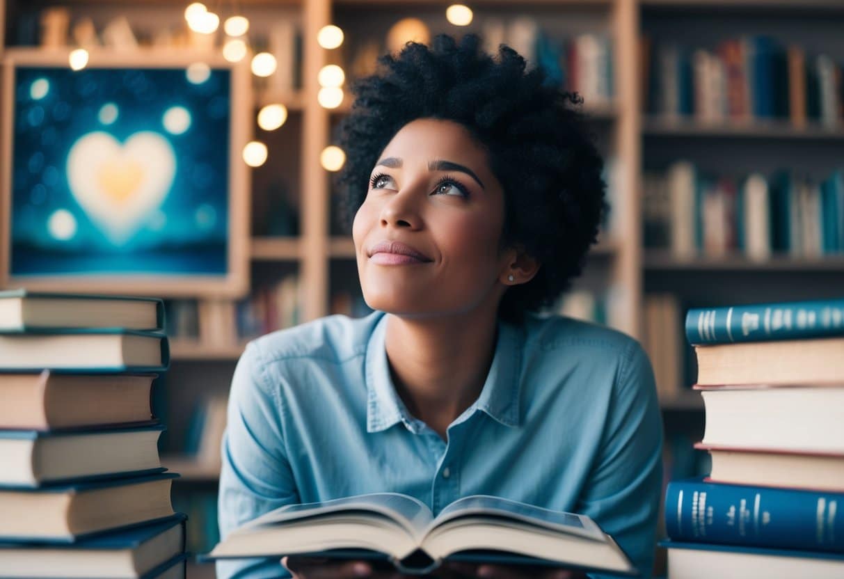 Uma pessoa olhando para as estrelas com uma expressão nostálgica, cercada por livros e arte que retratam o amor idealizado.