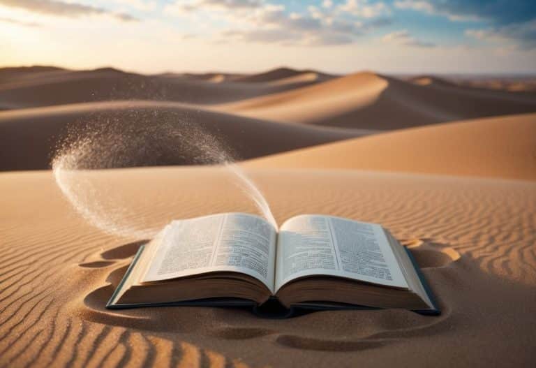 Uma paisagem desértica com um único livro antigo aberto sobre a areia, cercado por ventos giratórios e uma sensação de destino.