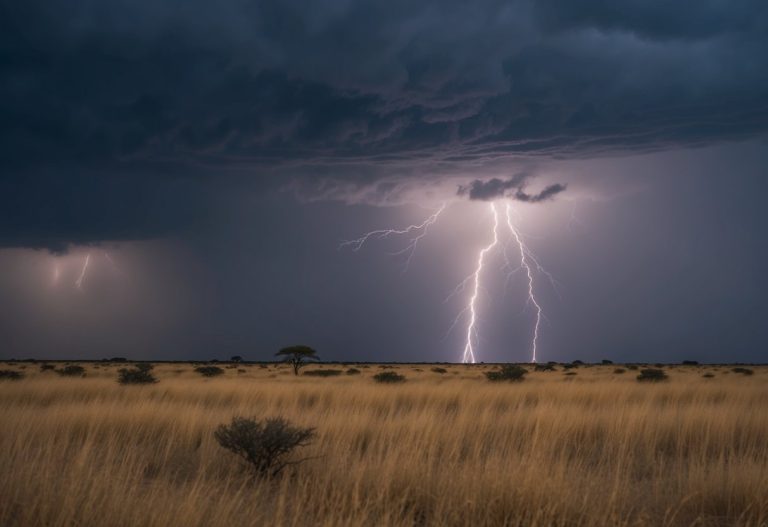 Uma tempestade feroz se formando sobre a savana, com relâmpagos atingindo e o vento açoitando as pradarias.