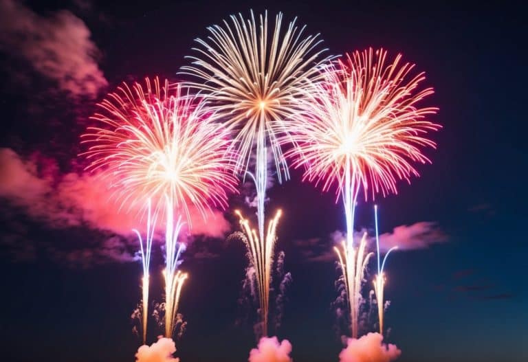 Um grupo de fogos de artifício coloridos explodindo no céu noturno, criando um deslumbrante espetáculo de luz e som.