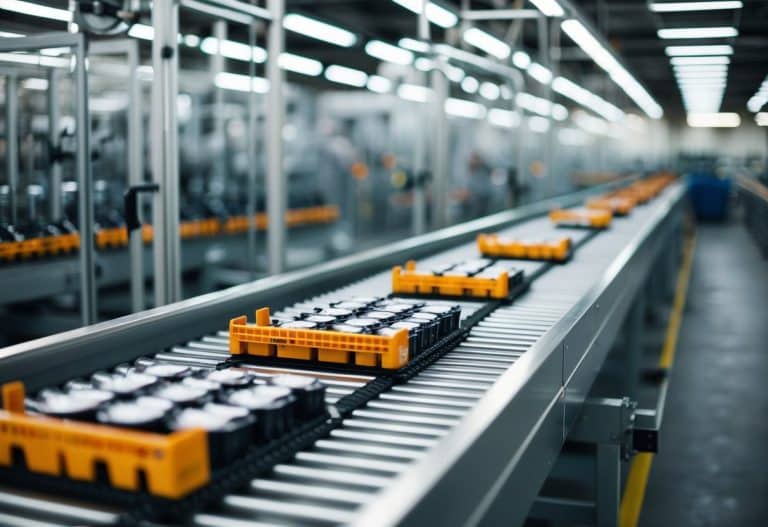 Uma esteira transportadora com produtos se movendo de estação para estação em um ambiente de fábrica