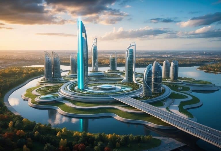 Uma paisagem urbana futurista com tecnologia avançada e infraestrutura sustentável, cercada por paisagens naturais vibrantes e em mudança para cada estação do ano de 2025