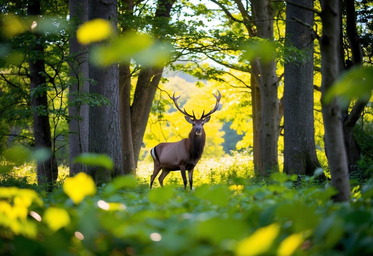 Uma clareira exuberante na floresta com um majestoso cervo em pé orgulhosamente entre as árvores, cercado por uma vegetação vibrante e pela luz do sol filtrando-se através das folhas.