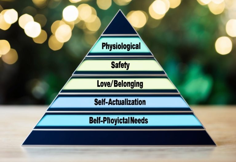 Uma pirâmide com cinco níveis: necessidades fisiológicas, segurança, amor/pertencimento, estima e autorrealização