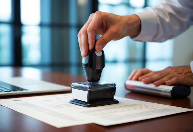 Um escritório do governo carimbando um documento oficial