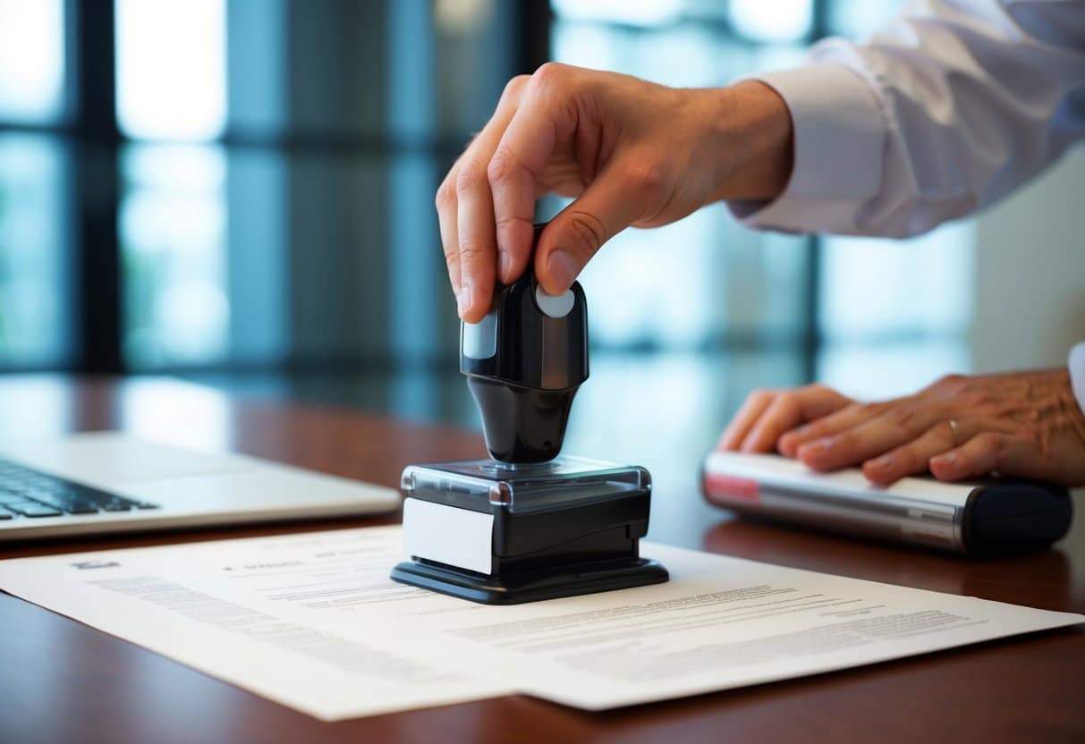 Um escritório do governo carimbando um documento oficial