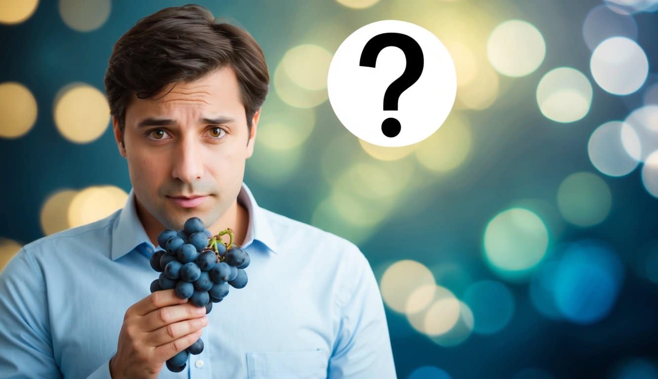 Uma pessoa com gastrite segurando um cacho de uvas, com um ponto de interrogação acima da cabeça