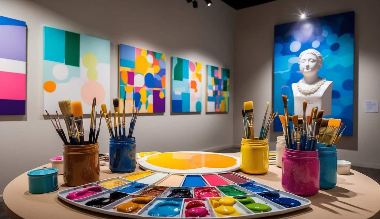 Uma paleta colorida de pincéis e telas, com obras de arte abstrata adornando as paredes. Um holofote ilumina uma escultura que representa a jornada artística e as contribuições de Júlia Daumerie.