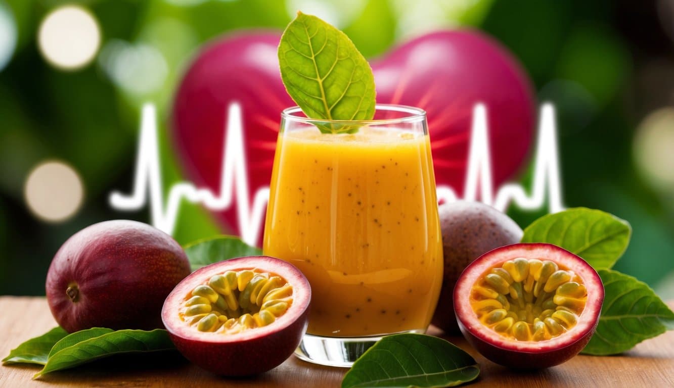 Um copo de suco de maracujá cercado por vibrantes folhas de maracujá em forma de coração, com um coração saudável batendo ritmicamente ao fundo