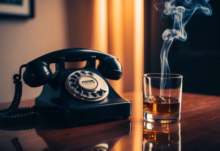 Uma sala mal iluminada com um telefone rotativo vintage fora do gancho e um copo de uísque derramado. Fumaça paira no ar.