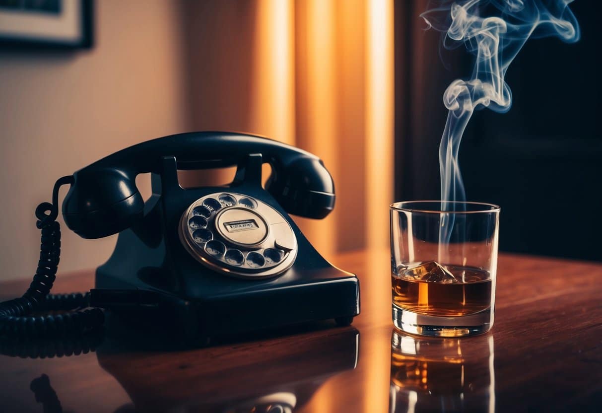 Uma sala mal iluminada com um telefone rotativo vintage fora do gancho e um copo de uísque derramado. Fumaça paira no ar.