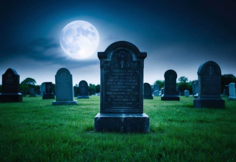 Um cemitério escuro e misterioso com uma única lápide desgastada se destacando contra o céu iluminado pela lua
