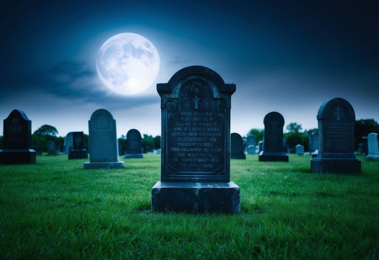 Um cemitério escuro e misterioso com uma única lápide desgastada se destacando contra o céu iluminado pela lua