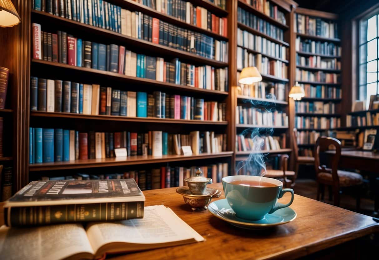 Uma livraria aconchegante e bagunçada, com prateleiras transbordando de romances de mistério, móveis vintage e uma xícara fumegante de chá.