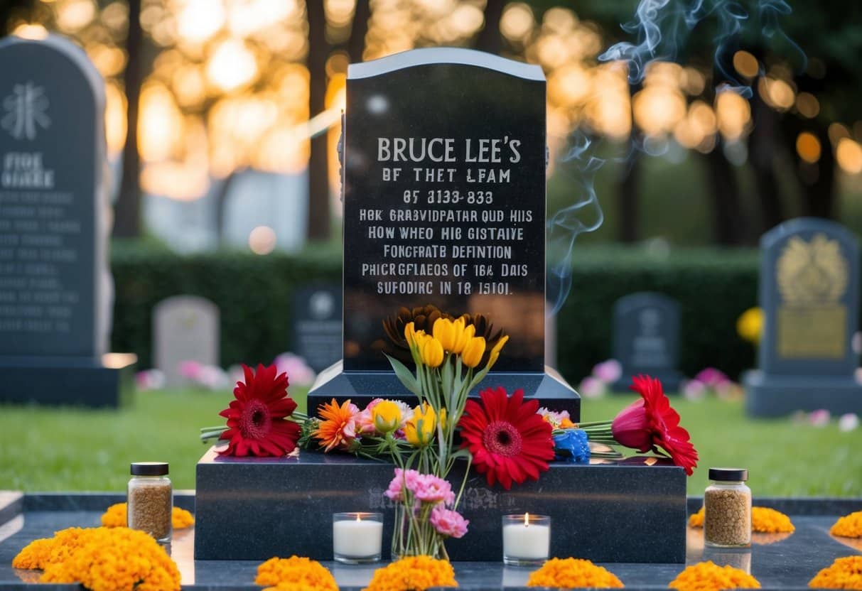 A tumba de Bruce Lee cercada por flores e incenso
