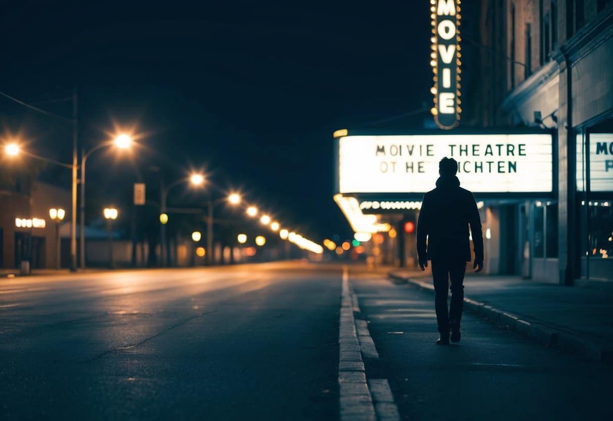 Uma figura solitária caminha por uma rua deserta à noite, iluminada pelo brilho dos postes de luz e pelo distante piscar de uma marquise de cinema.