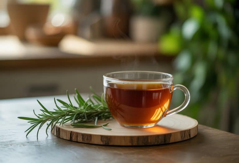 Uma xícara de chá de alecrim fumegante sobre uma mesa de madeira, com ramos frescos de alecrim ao lado.