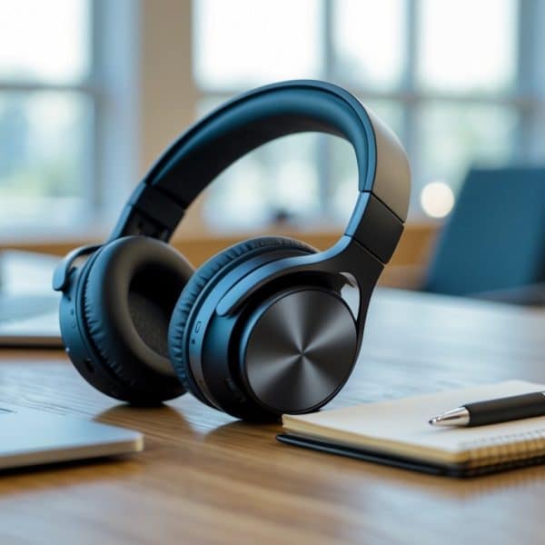 Fones de ouvido modernos sobre uma mesa de madeira com um laptop aberto e um bloco de notas ao lado, em um ambiente de escritório iluminado pela luz natural.