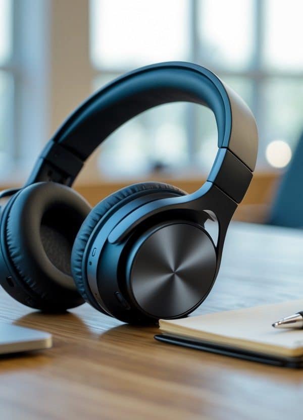 Fones de ouvido modernos sobre uma mesa de madeira com um laptop aberto e um bloco de notas ao lado, em um ambiente de escritório iluminado pela luz natural.