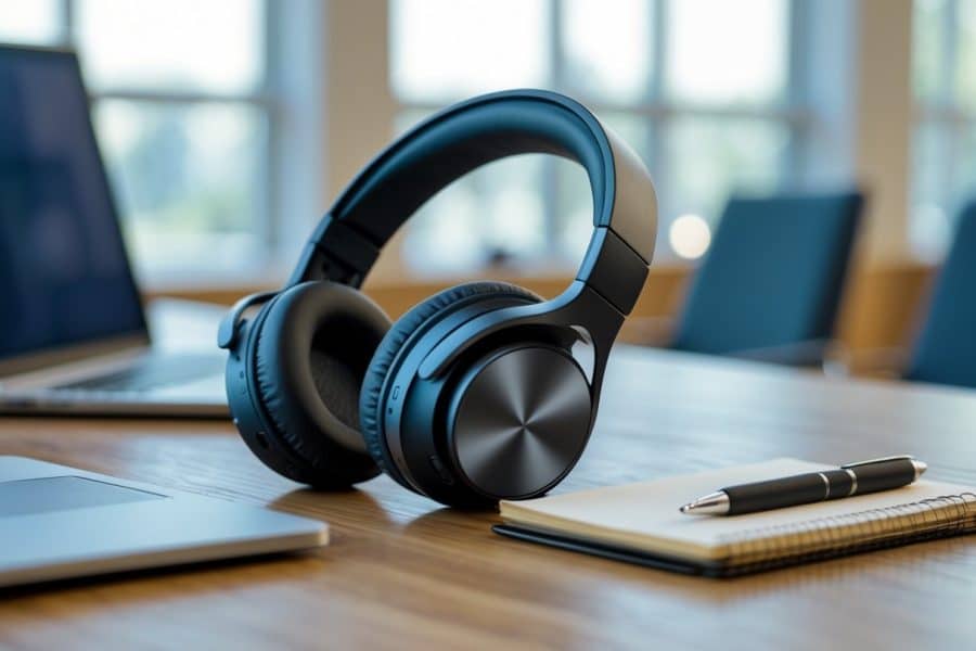 Fones de ouvido modernos sobre uma mesa de madeira com um laptop aberto e um bloco de notas ao lado, em um ambiente de escritório iluminado pela luz natural.
