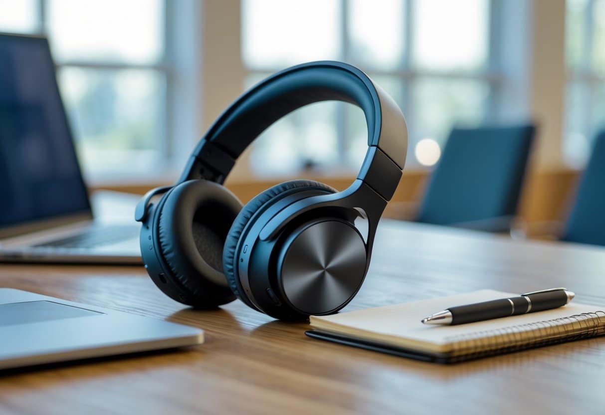 Fones de ouvido modernos sobre uma mesa de madeira com um laptop aberto e um bloco de notas ao lado, em um ambiente de escritório iluminado pela luz natural.