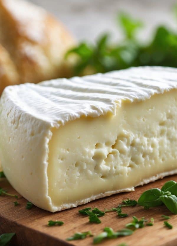 Queijo cremoso e macio cortado em uma tábua de madeira com ervas verdes ao redor e pão rústico ao fundo.