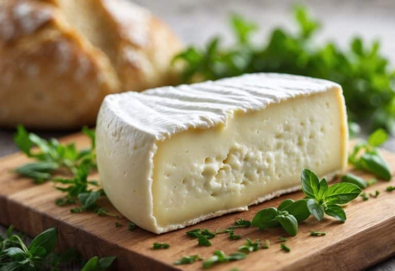 Queijo cremoso e macio cortado em uma tábua de madeira com ervas verdes ao redor e pão rústico ao fundo.