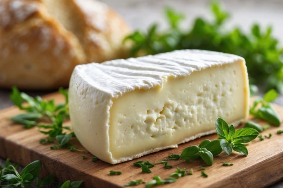 Queijo cremoso e macio cortado em uma tábua de madeira com ervas verdes ao redor e pão rústico ao fundo.