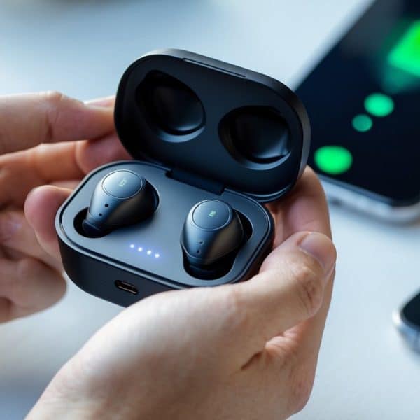 Mãos segurando fones de ouvido Redmi com estojo de carregamento aberto mostrando luzes indicadoras acesas.