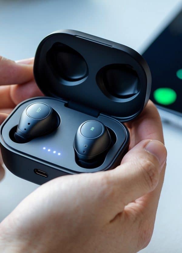 Mãos segurando fones de ouvido Redmi com estojo de carregamento aberto mostrando luzes indicadoras acesas.