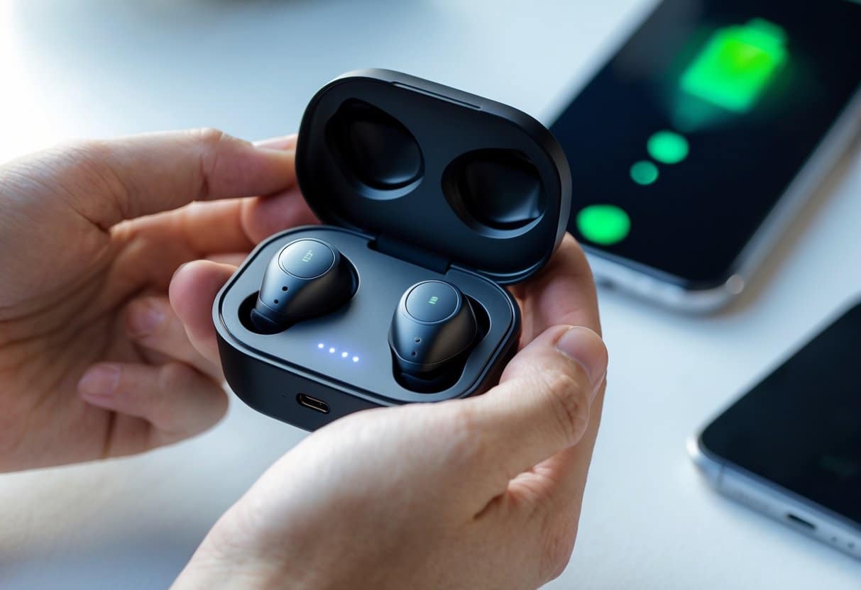 Mãos segurando fones de ouvido Redmi com estojo de carregamento aberto mostrando luzes indicadoras acesas.