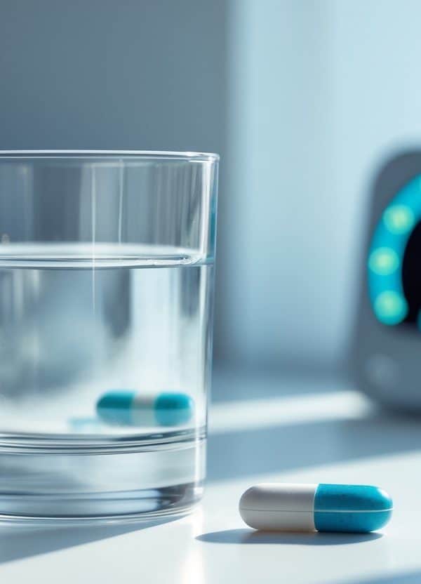 Um copo de água com um comprimido de 5mg de tadalafila ao lado, com um relógio digital desfocado ao fundo mostrando o tempo.