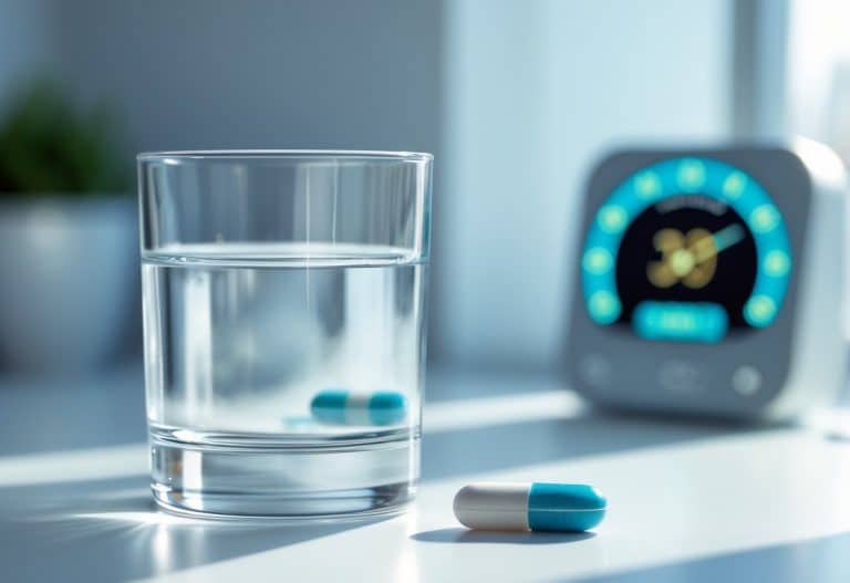 Um copo de água com um comprimido de 5mg de tadalafila ao lado, com um relógio digital desfocado ao fundo mostrando o tempo.