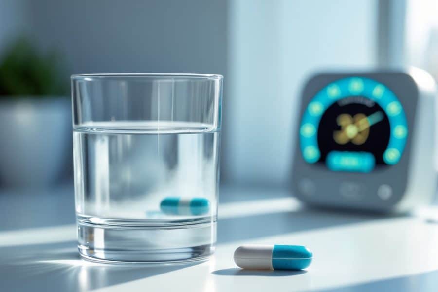 Um copo de água com um comprimido de 5mg de tadalafila ao lado, com um relógio digital desfocado ao fundo mostrando o tempo.
