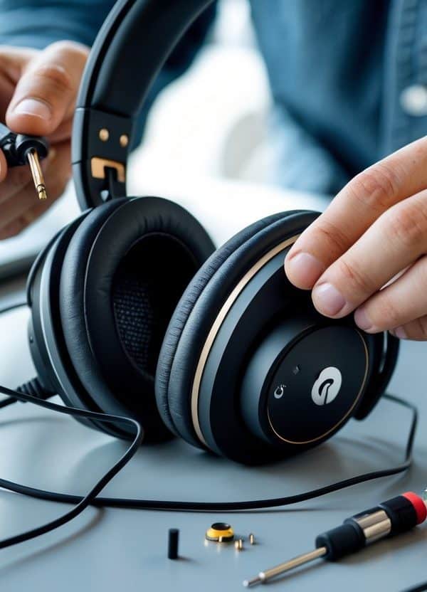 Pessoa consertando fone de ouvido com uma mão segurando o fone aberto e a outra usando uma ferramenta para reparar o fio.