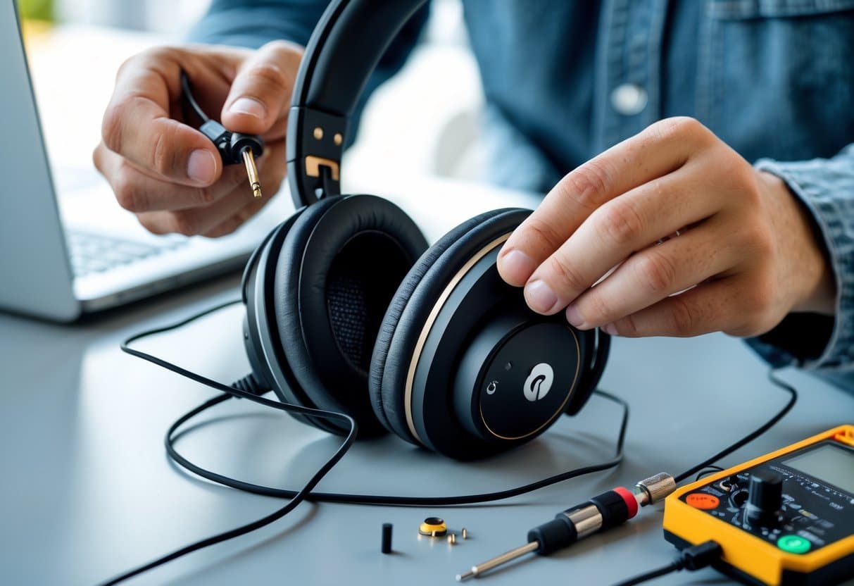 Pessoa consertando fone de ouvido com uma mão segurando o fone aberto e a outra usando uma ferramenta para reparar o fio.