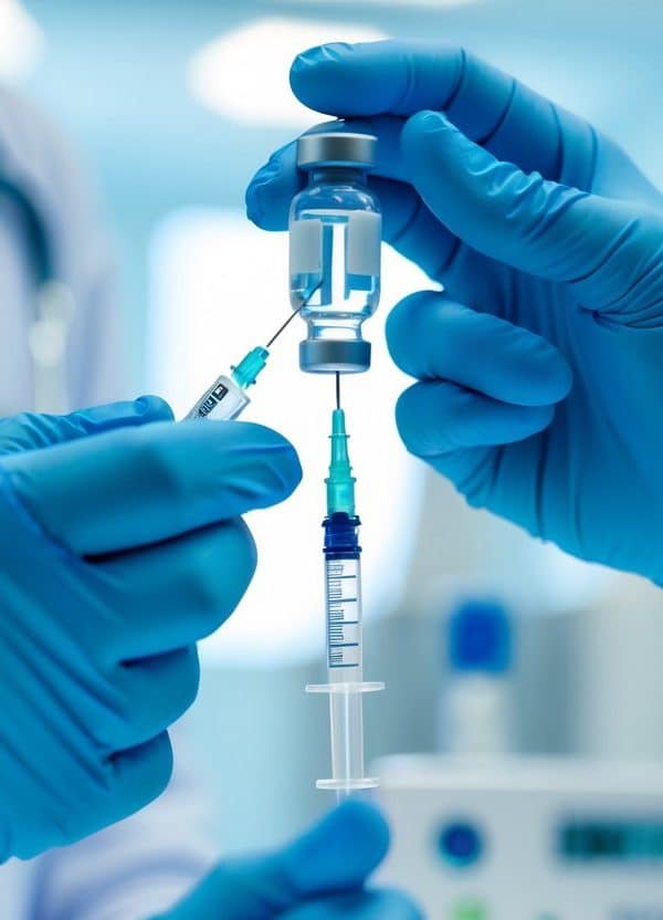 Mãos de um profissional de saúde com luvas azuis segurando uma seringa pronta para aplicação, em um ambiente clínico moderno e limpo.
