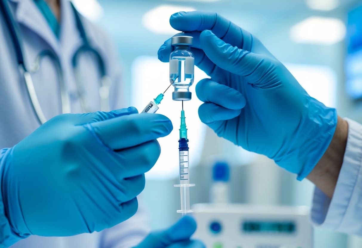 Mãos de um profissional de saúde com luvas azuis segurando uma seringa pronta para aplicação, em um ambiente clínico moderno e limpo.