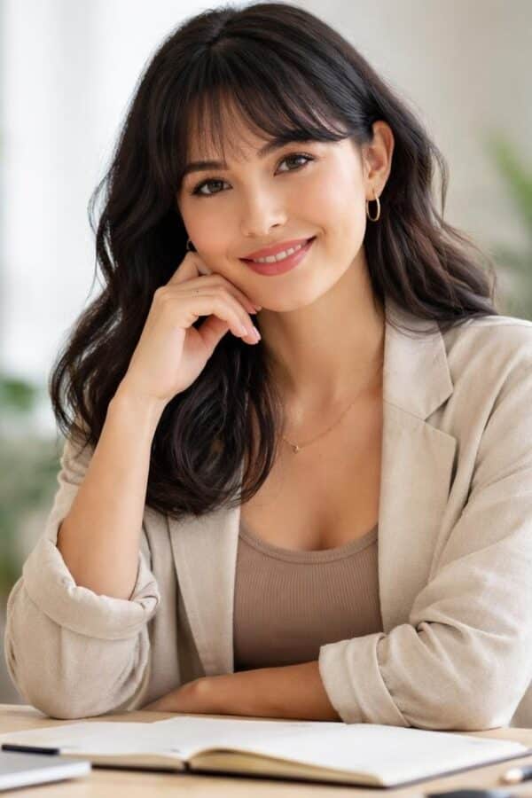 Jovem mulher sorridente sentada em uma mesa de escritório moderna e iluminada, com expressão brincalhona e confiante.