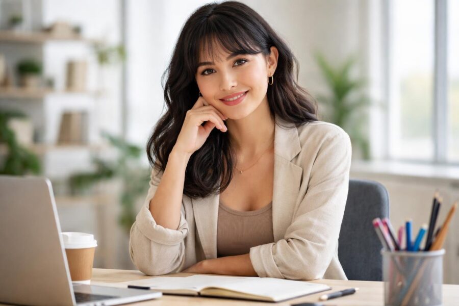 Jovem mulher sorridente sentada em uma mesa de escritório moderna e iluminada, com expressão brincalhona e confiante.
