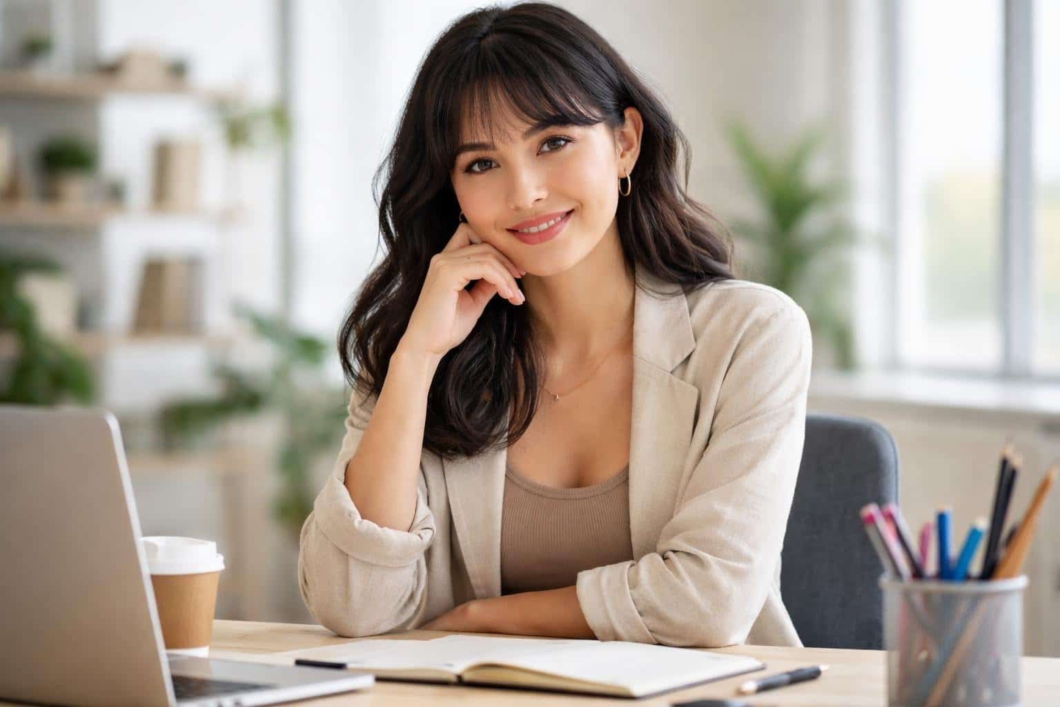 Jovem mulher sorridente sentada em uma mesa de escritório moderna e iluminada, com expressão brincalhona e confiante.