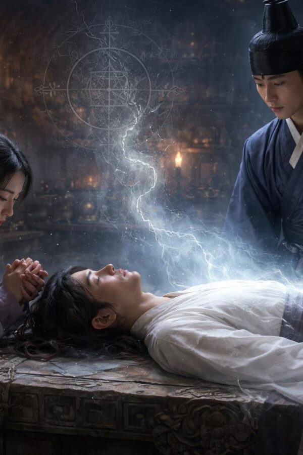 Cena dramática em um laboratório de alquimia antigo com uma pessoa deitada em um altar e duas pessoas próximas demonstrando tristeza.