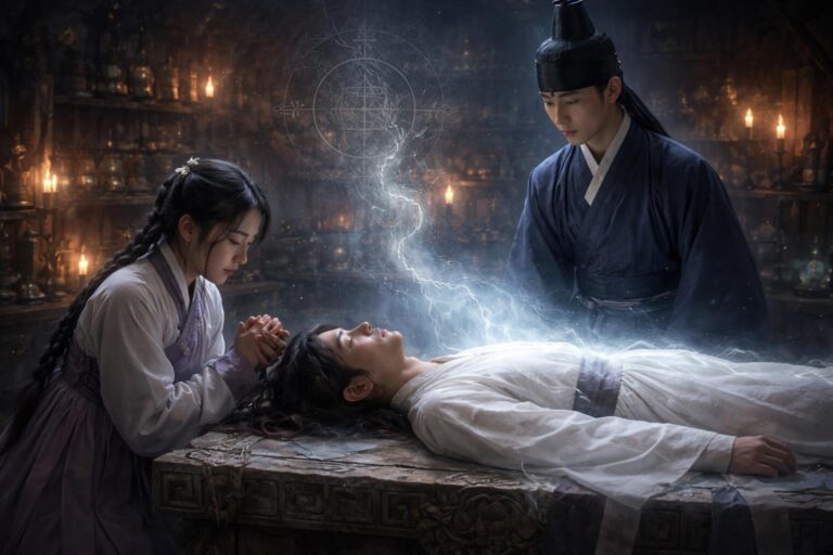 Cena dramática em um laboratório de alquimia antigo com uma pessoa deitada em um altar e duas pessoas próximas demonstrando tristeza.